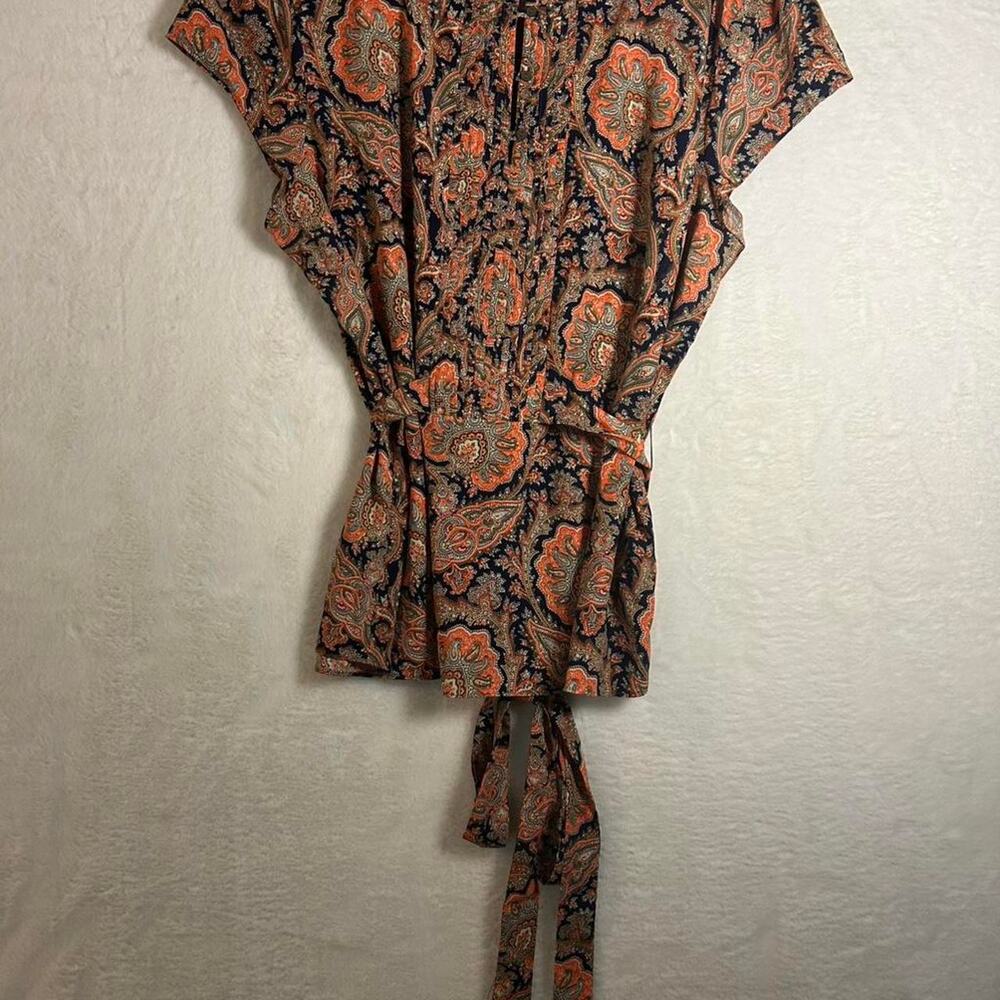 Tommy Hilfiger Paisley Blouse Womens XXL Orange Navy Blue Pintuck Tie‎ Waist Top